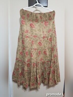 Promod Beige Floral Tiered Peasant Skirt with Pink Roses, Large